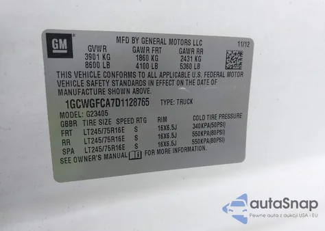 2013 Chevrolet Express 2500 Work Van z USA, uszkodzony, nr VIN 1GCWGFCA7D1128765